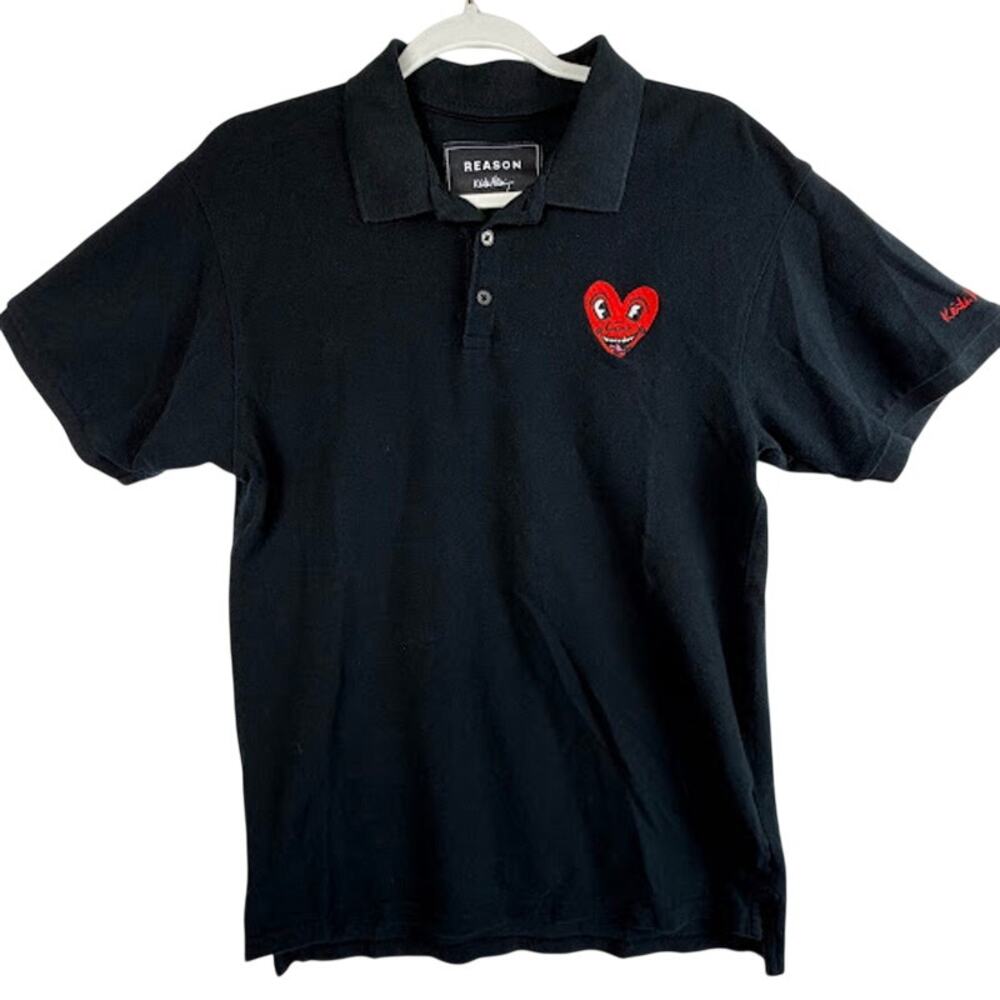 Keith Haring x Reason Black Polo Short Sleeve Heart Men Size M Art‎ Collab